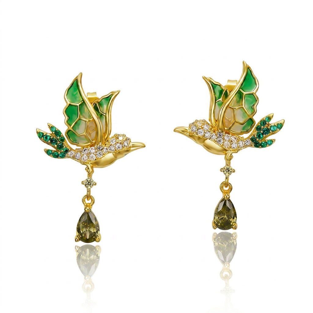 LOVE&LOVE gold-plated sterling silver hummingbird stud earrings with translucent green enamel wings and olive-green pear-cut drops