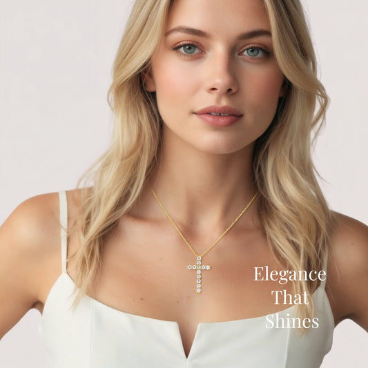moissanite cross necklace collection featuring classic and mobius designs in gold and silver worn by woman elegant lifestyle jewelry with elegant that shines style