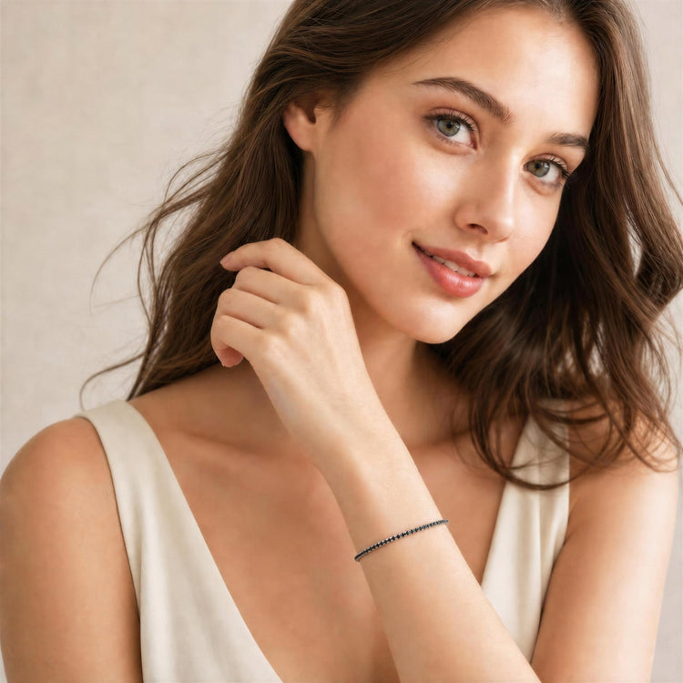 LOVE&LOVE 2MM moissanite and black spinel stretch tennis bracelets in white-gold-plated sterling silver