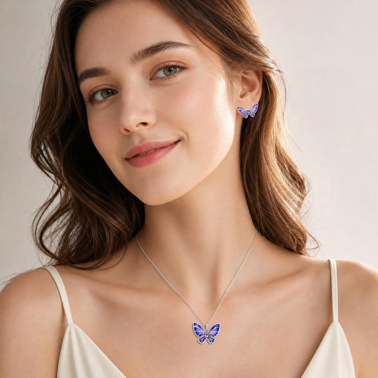 LOVE&LOVE butterfly necklace and stud earrings with translucent blue-violet enamel and natural amethyst stones