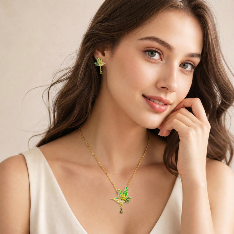 LOVE&LOVE hummingbird necklace and stud earrings with translucent green enamel and colorful gemstone details