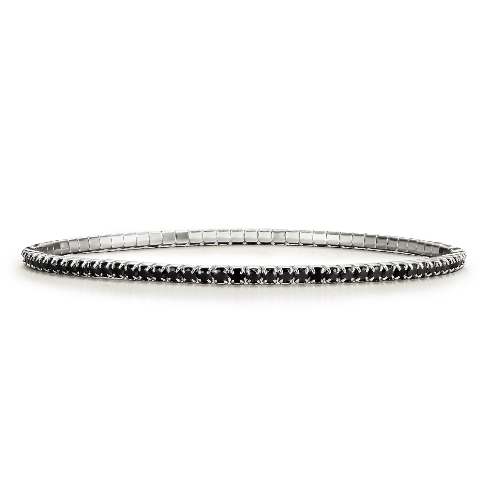 LOVE&LOVE 2MM black spinel stretch tennis bracelet in white-gold-plated sterling silver with faceted black gemstones