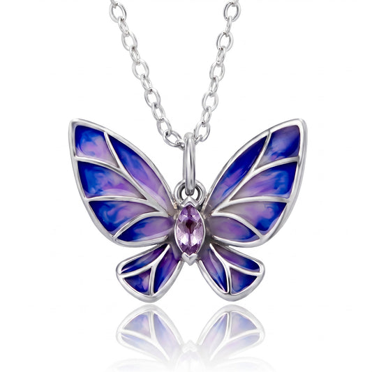 LOVE&LOVE white-gold-plated sterling silver butterfly necklace with translucent blue-violet enamel wings and a natural amethyst center stone