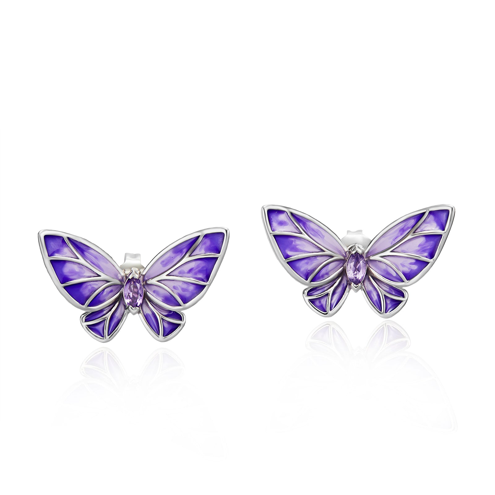 LOVE&LOVE white-gold-plated sterling silver butterfly stud earrings with translucent blue-violet enamel wings and natural amethyst center stones