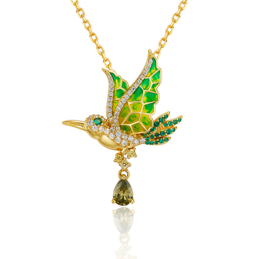 LOVE&LOVE gold-plated sterling silver hummingbird necklace with translucent green enamel wings and an olive-green pear-cut drop