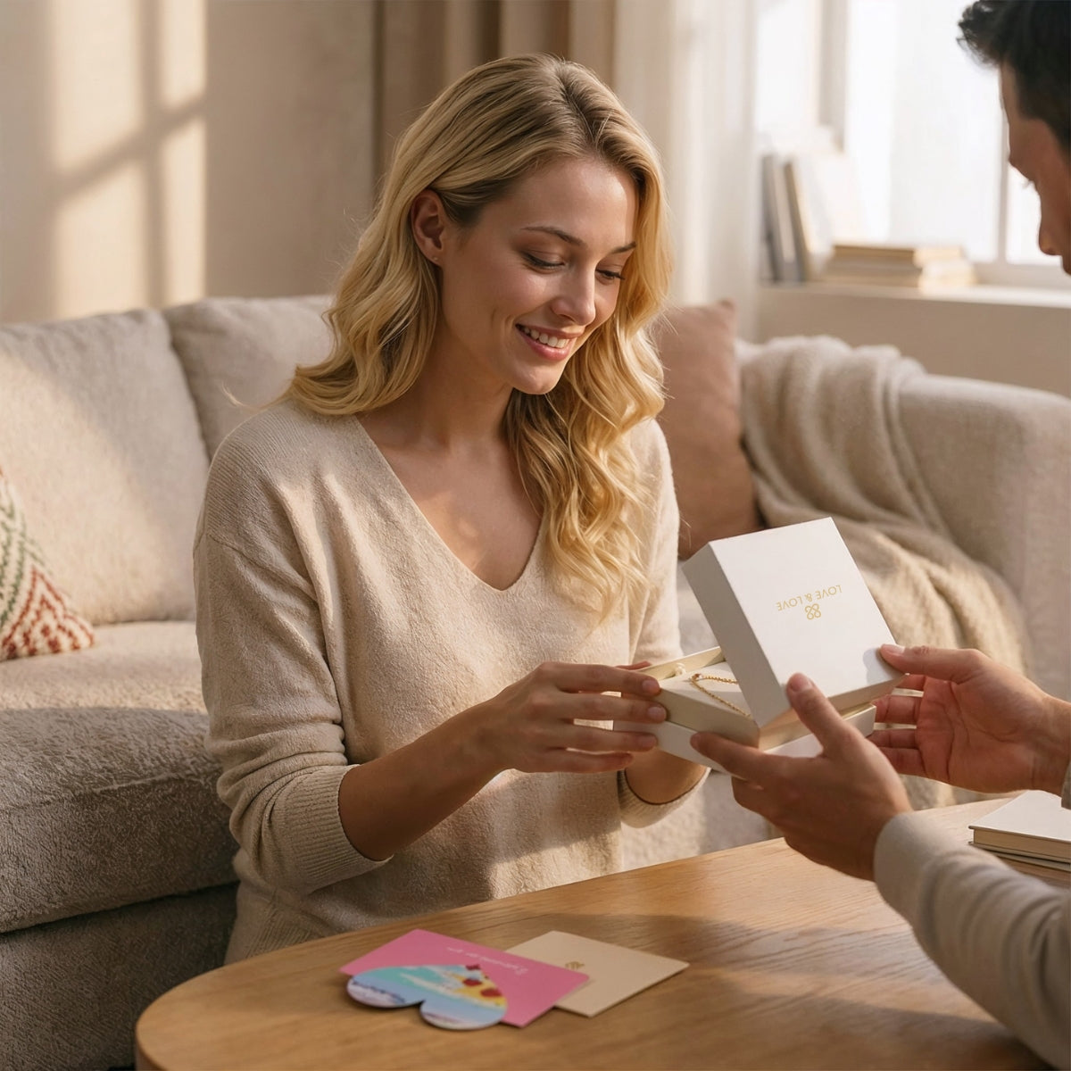 Opening a LOVE&LOVE jewelry gift box at home, highlighting a meaningful gifting moment