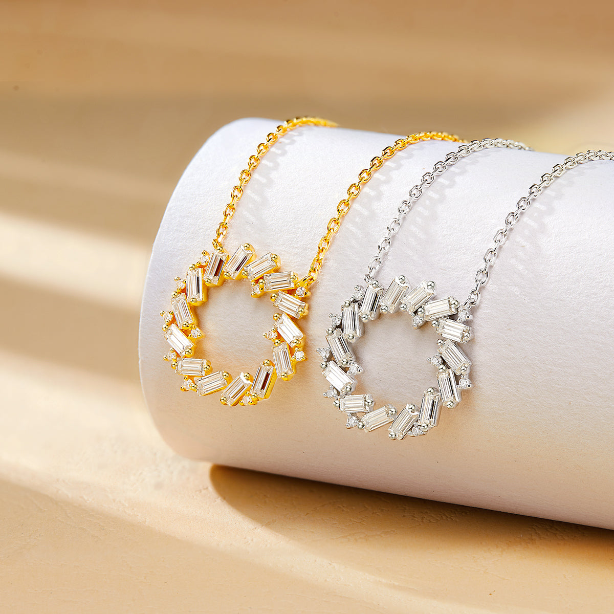 moissanite circle necklace in gold and silver side by side comparison helping choose the perfect style for everyday wear