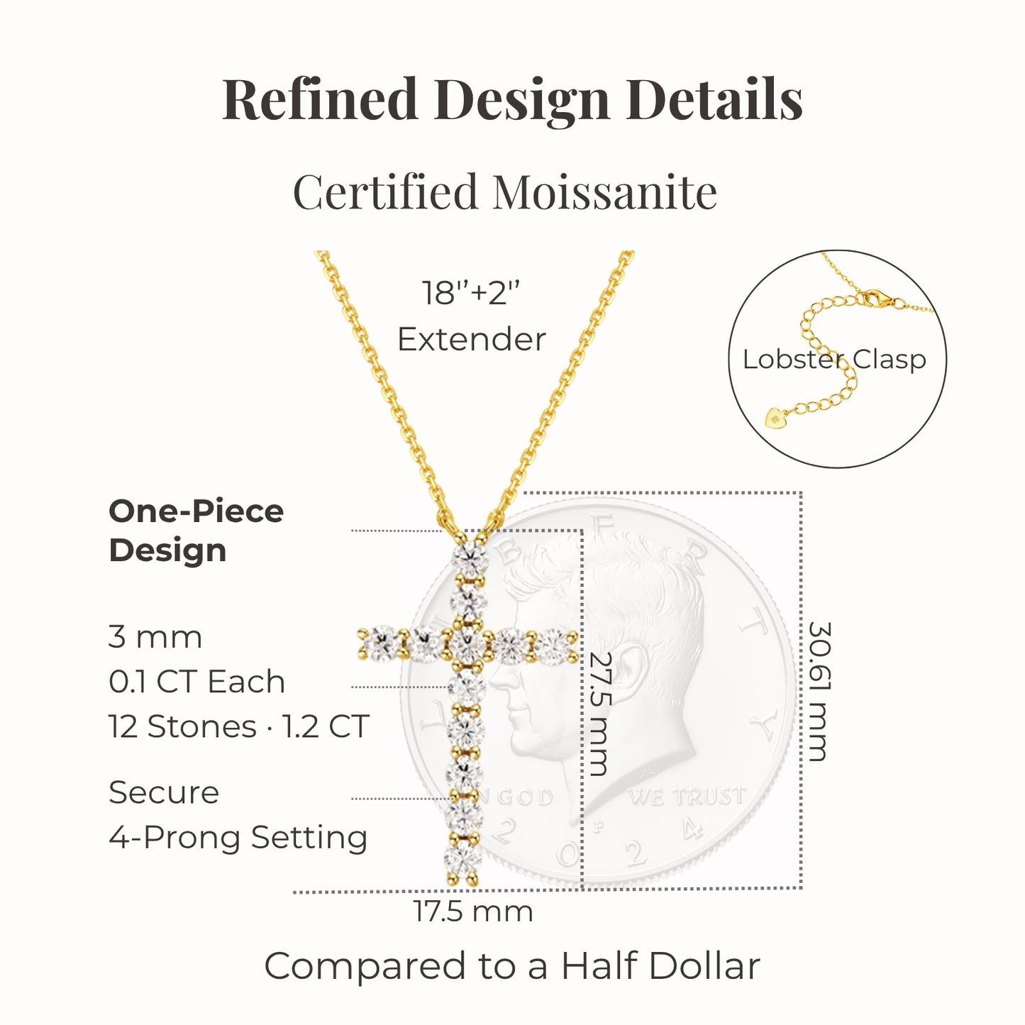 gold moissanite classic cross necklace structure showing certified stones 4 prong setting 12 stones 1.2 carat and size comparison to half dollar