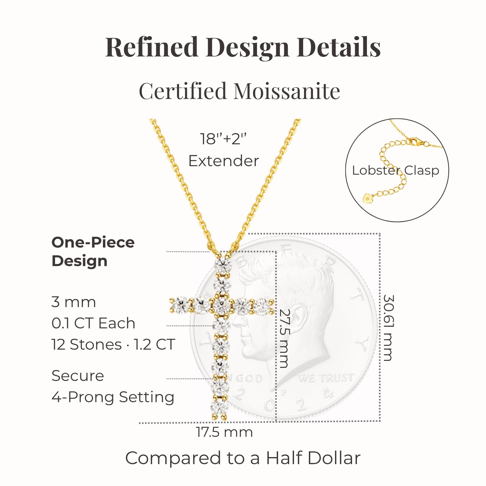 gold moissanite classic cross necklace structure showing certified stones 4 prong setting 12 stones 1.2 carat and size comparison to half dollar