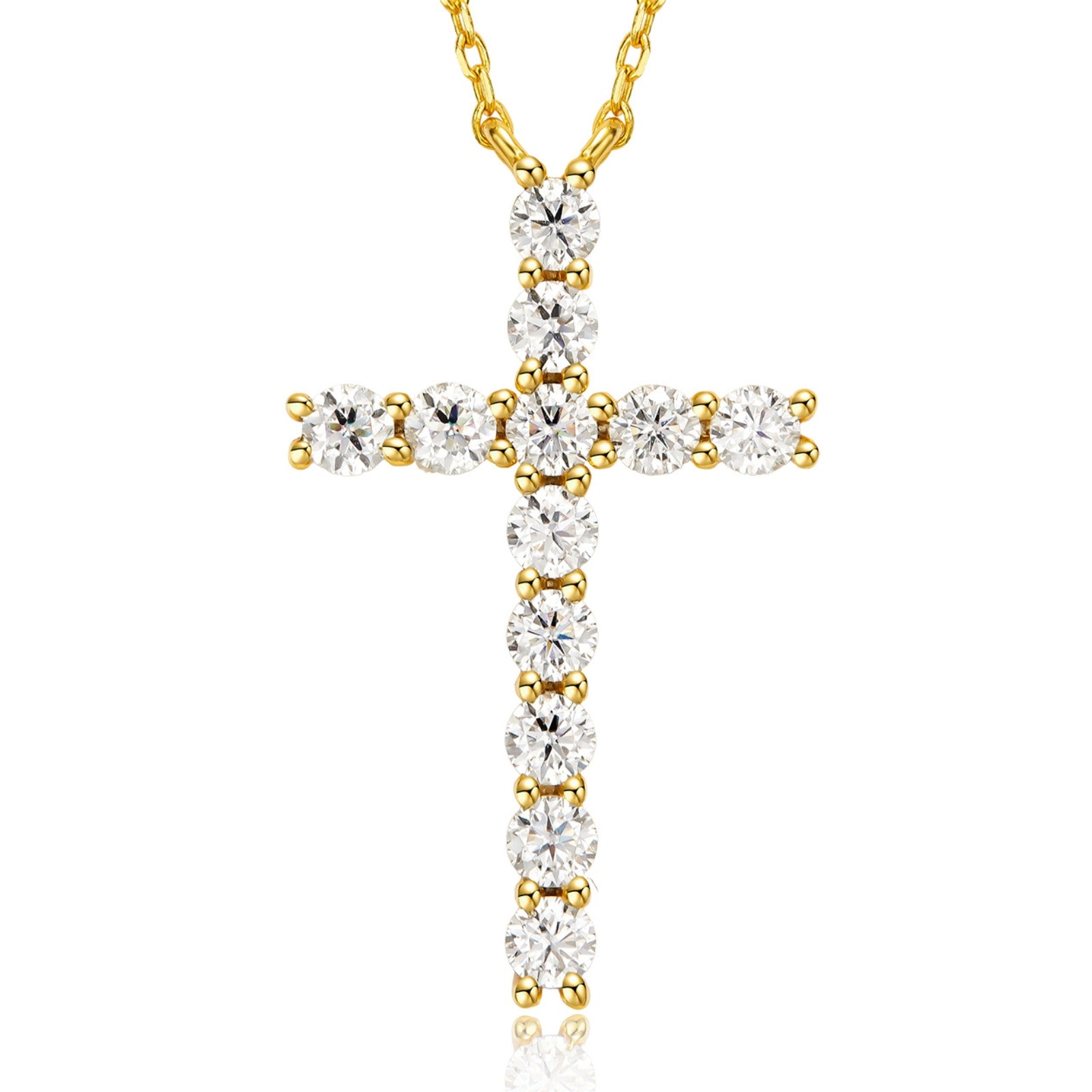 gold moissanite classic cross necklace in yellow gold plated sterling silver elegant minimalist spiritual inspired jewelry for women