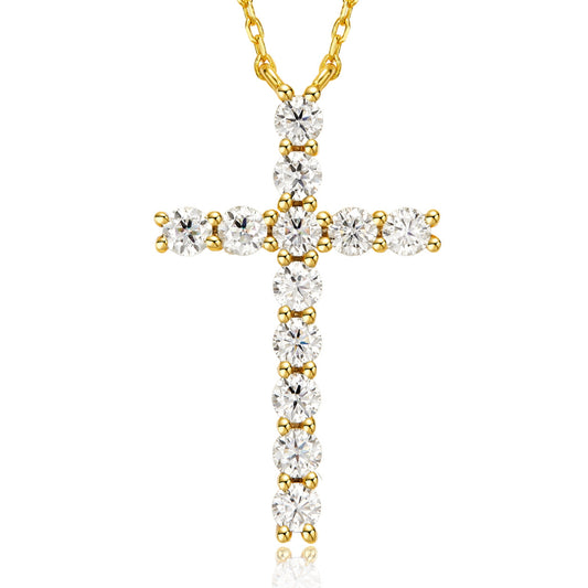 gold moissanite classic cross necklace in yellow gold plated sterling silver elegant minimalist spiritual inspired jewelry for women