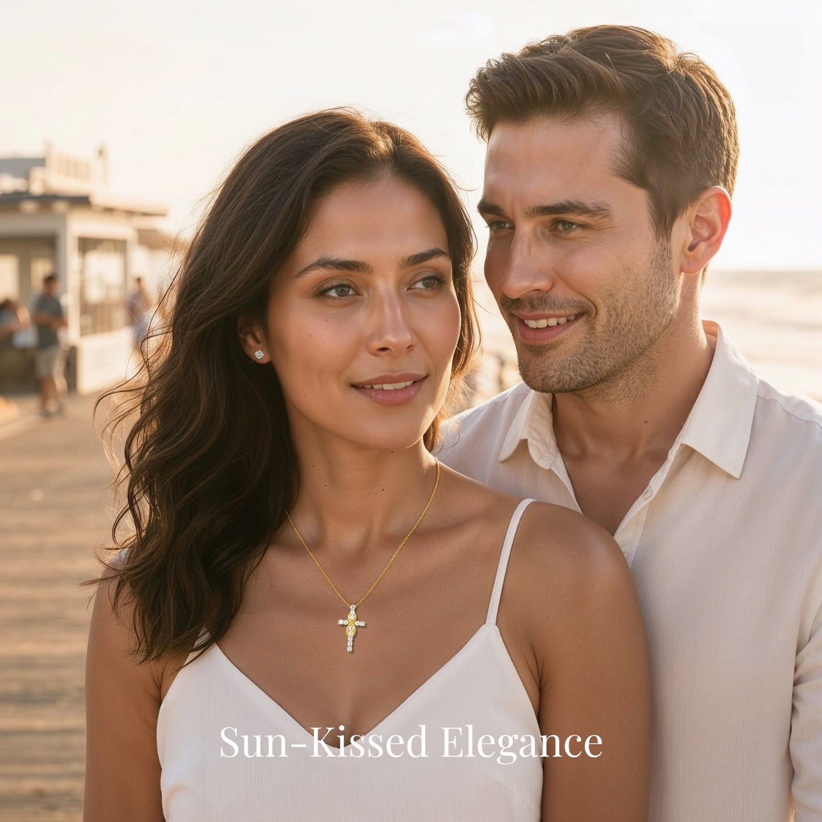 moissanite cross necklace collection featuring mobius designs in gold and silver worn at beach romantic lifestyle with sun-kissed elegance fine jewelry for women