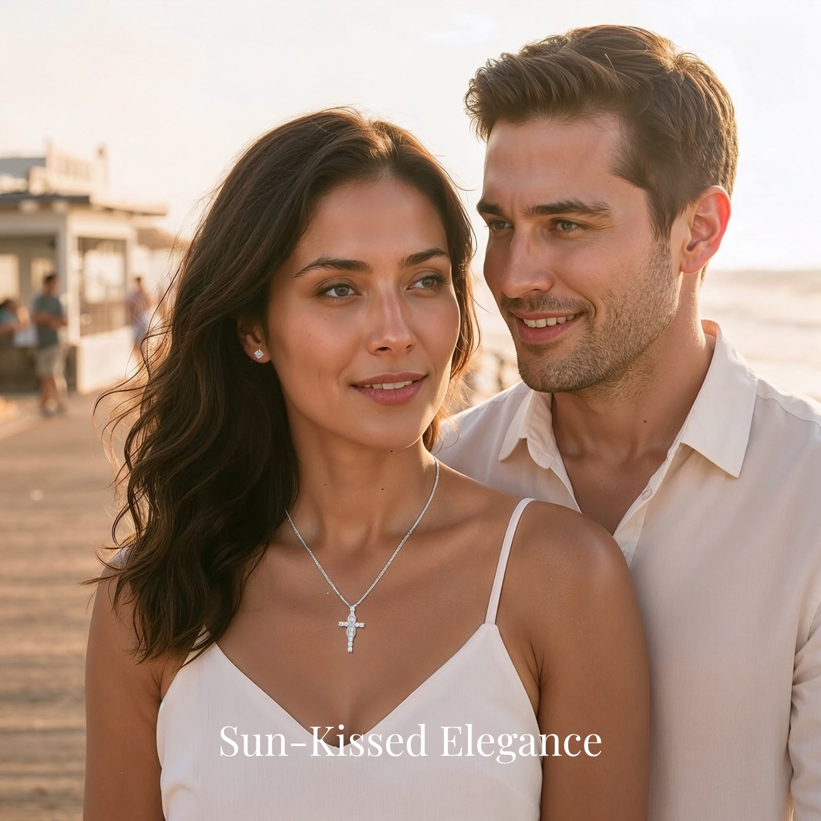 moissanite cross necklace collection featuring  mobius designs in gold and silver worn at beach romantic lifestyle with sun-kissed elegance fine jewelry for women