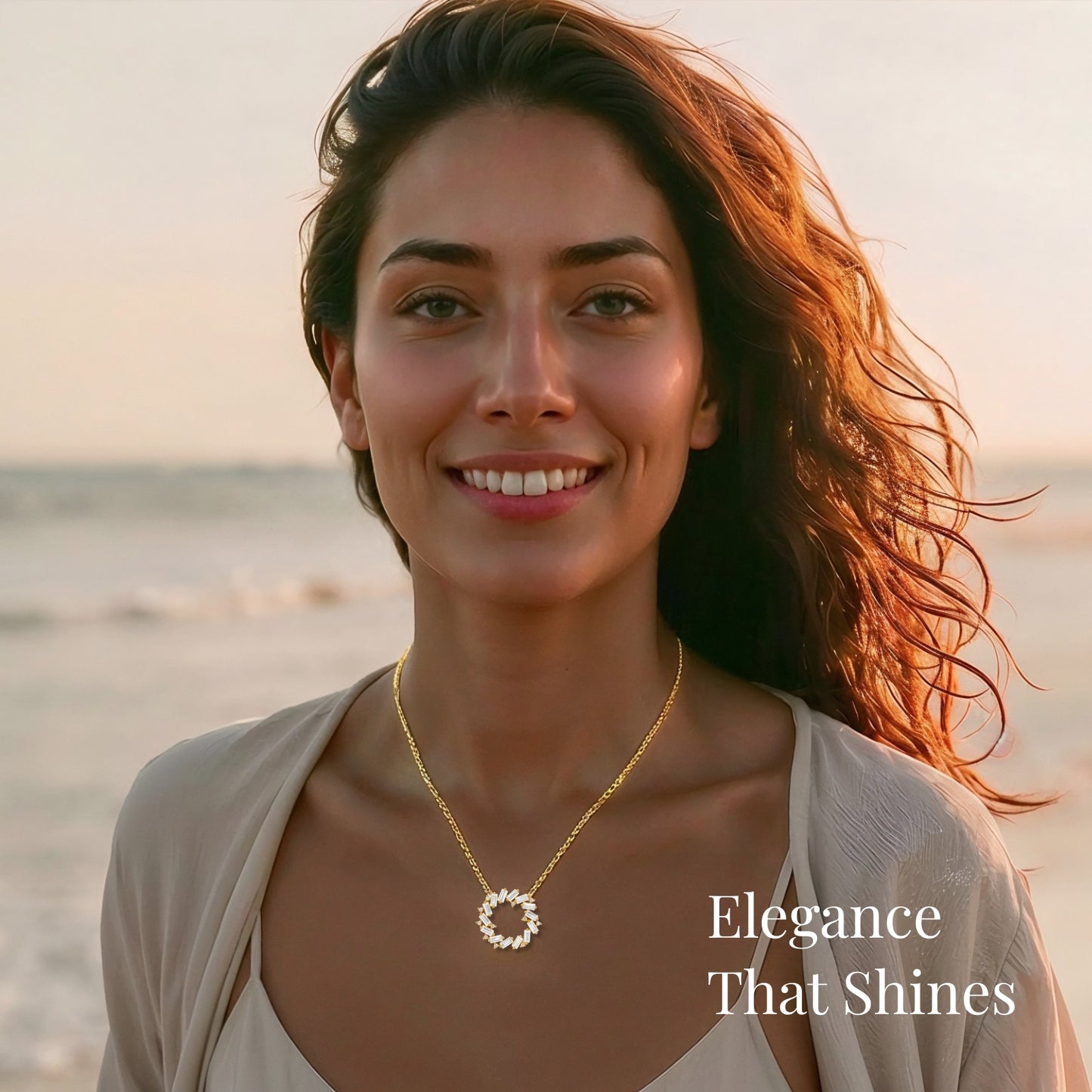 smiling woman at the beach wearing moissanite circle necklace in wind with elegance that shines