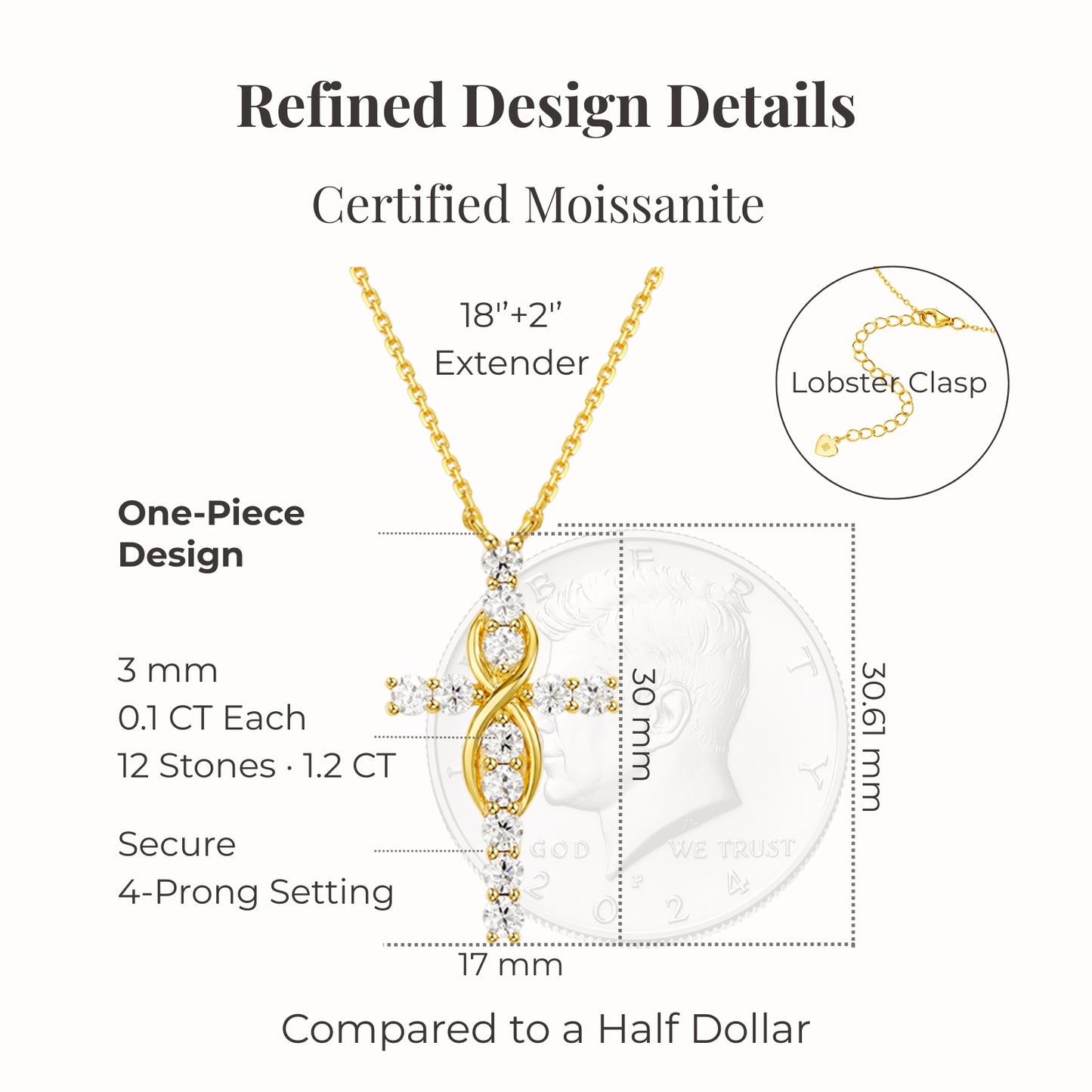 gold moissanite mobius cross necklace structure showing certified stones secure 4 prong setting infinity inspired modern cross pendant and size comparison to half dollar