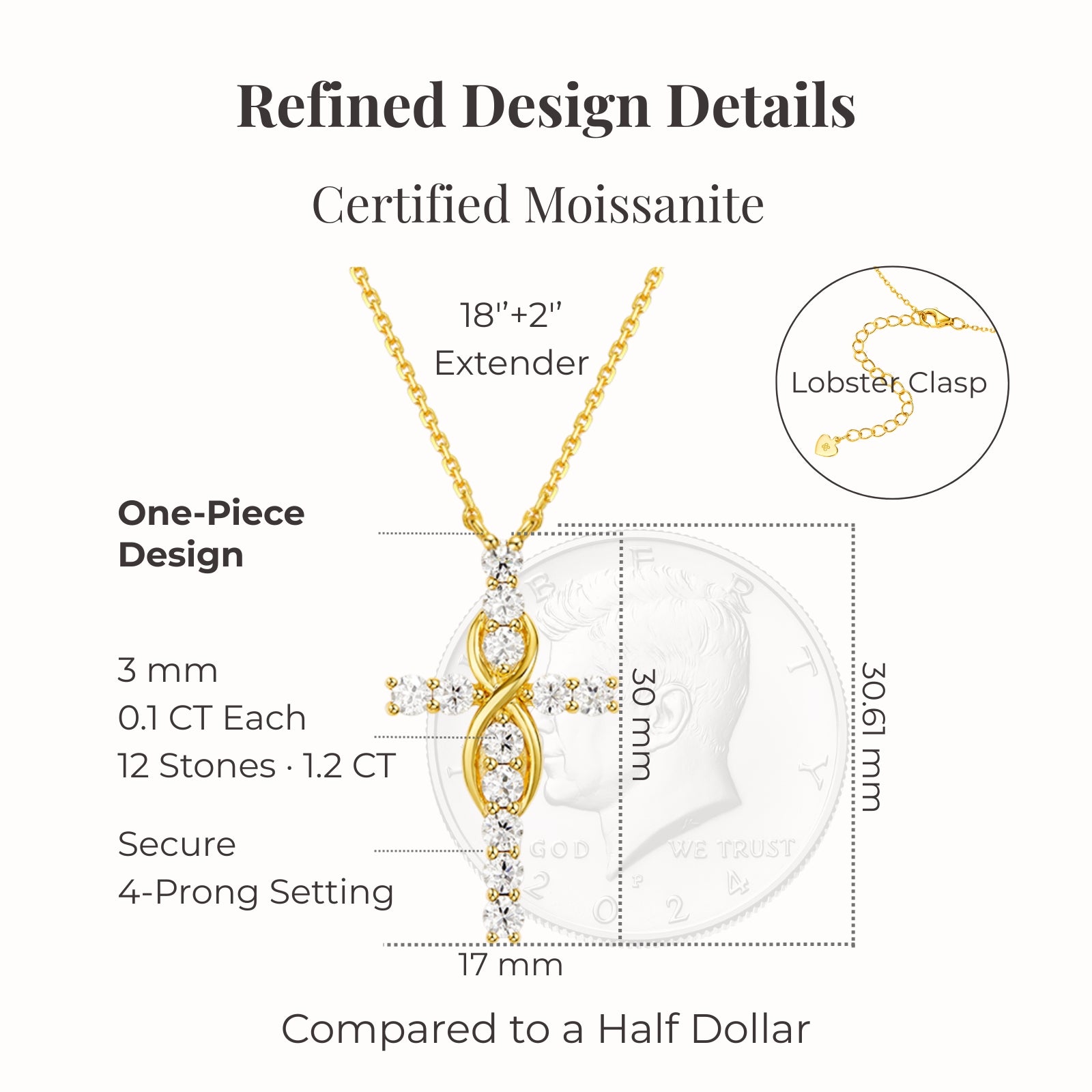 gold moissanite mobius cross necklace structure showing certified stones secure 4 prong setting infinity inspired modern cross pendant and size comparison to half dollar