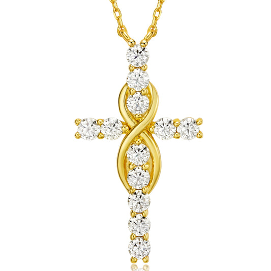 gold moissanite mobius cross necklace in yellow gold plated sterling silver infinity inspired modern geometric elegant jewelry for women