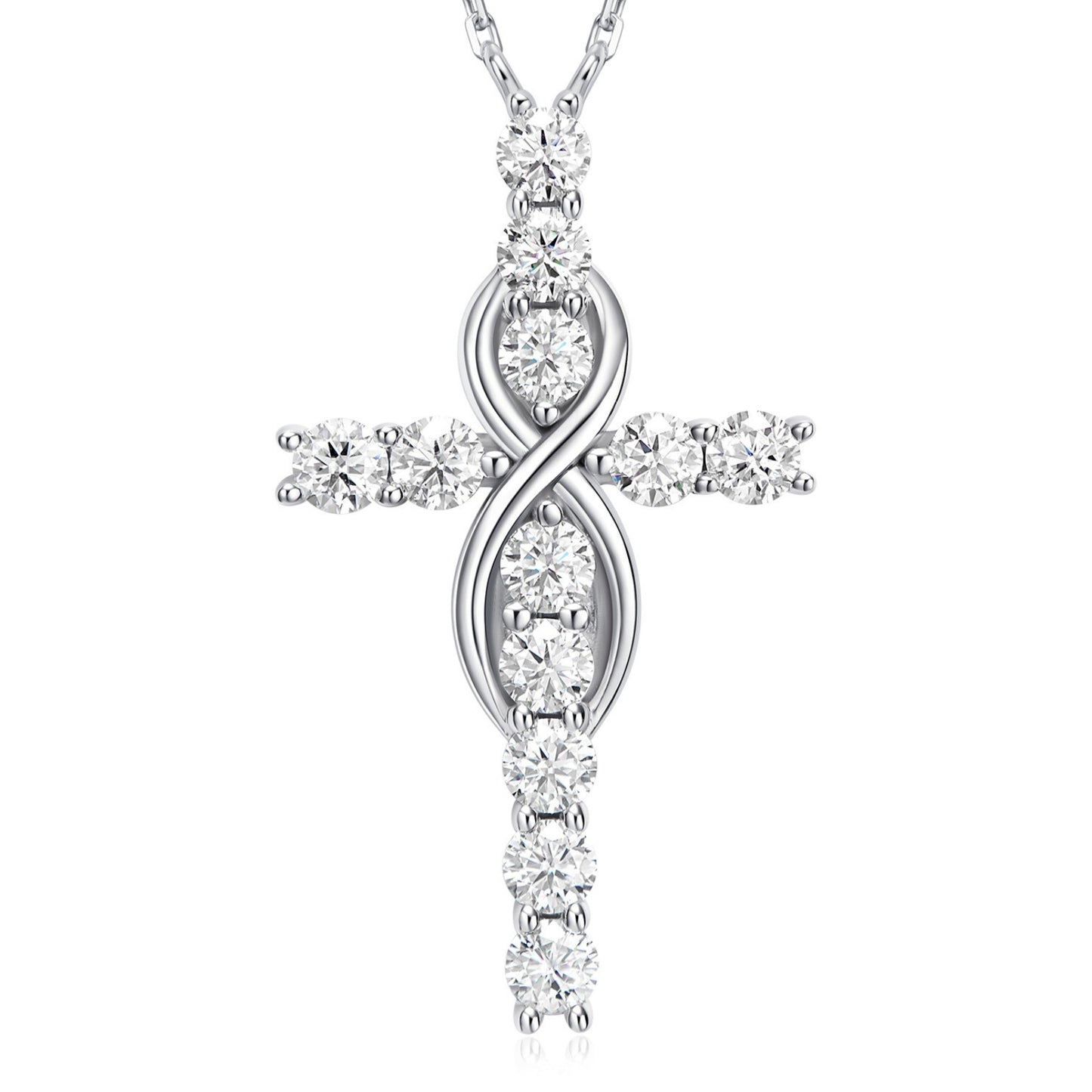 silver moissanite mobius cross necklace in sterling silver infinity inspired modern geometric cross pendant jewelry for women