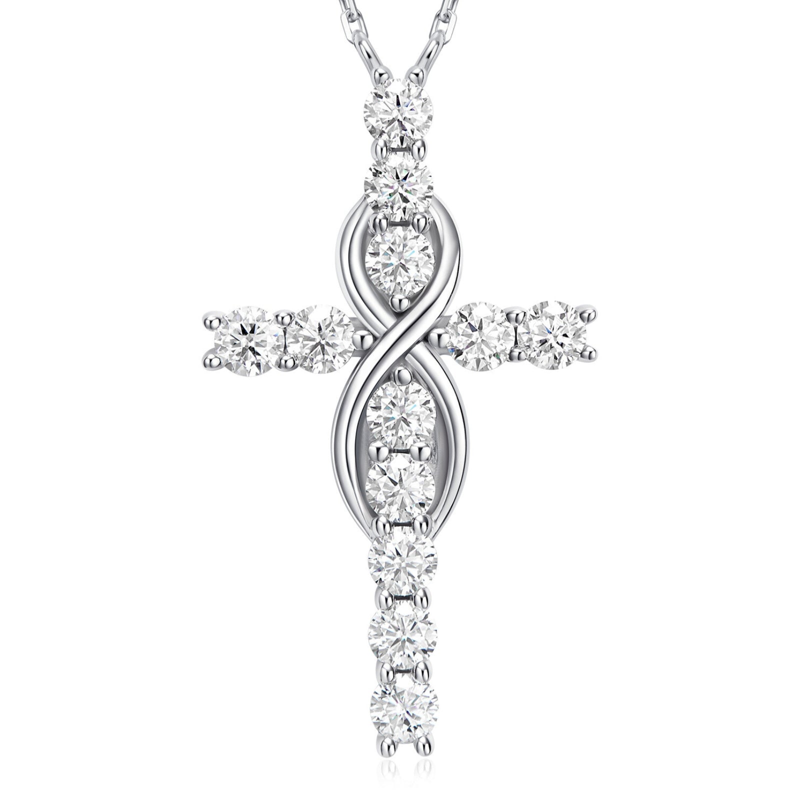 silver moissanite mobius cross necklace in sterling silver infinity inspired modern geometric cross pendant jewelry for women
