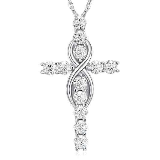 silver moissanite mobius cross necklace in sterling silver infinity inspired modern geometric cross pendant jewelry for women