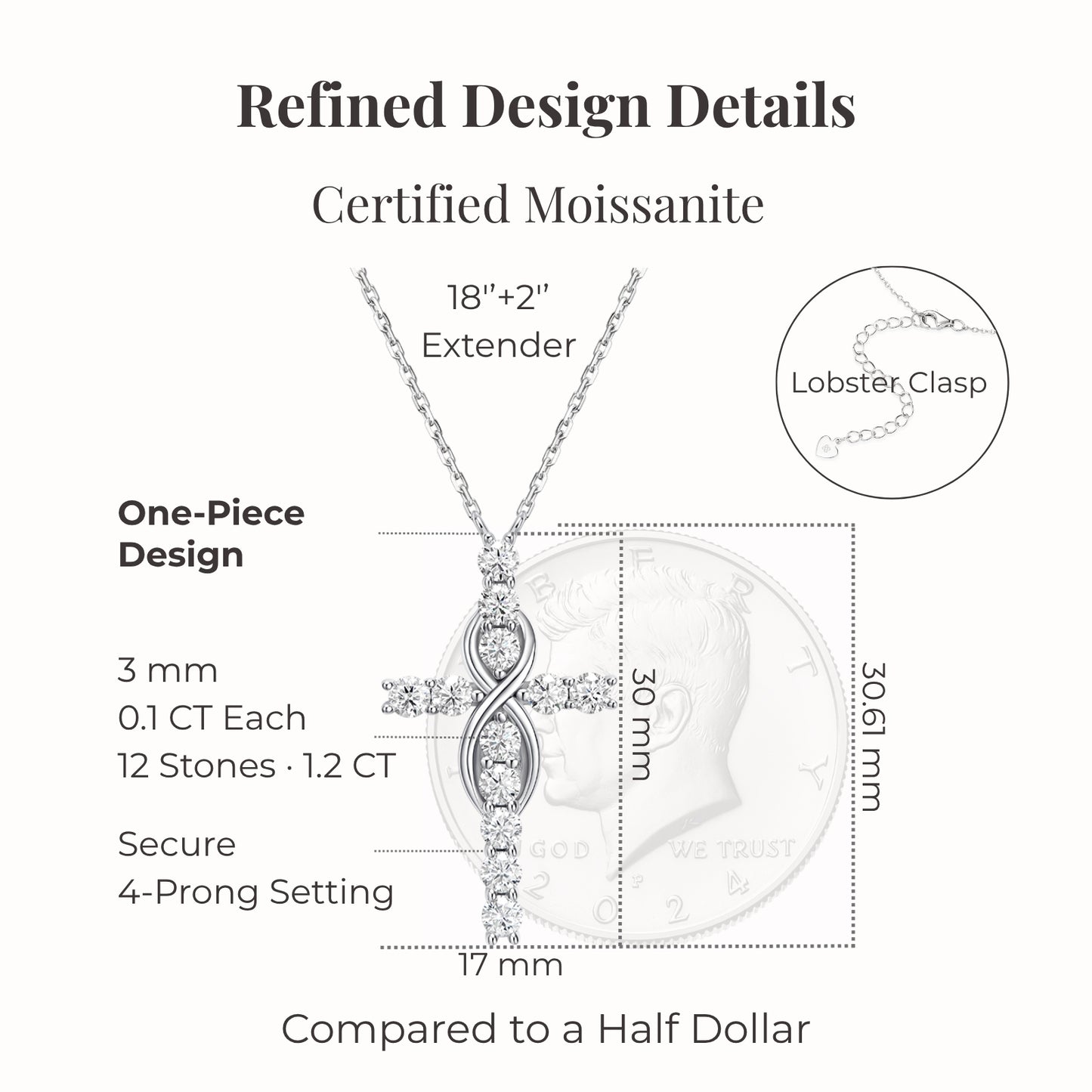 silver moissanite mobius cross necklace structure showing certified stones secure 4 prong setting infinity inspired design and size comparison to half dollar
