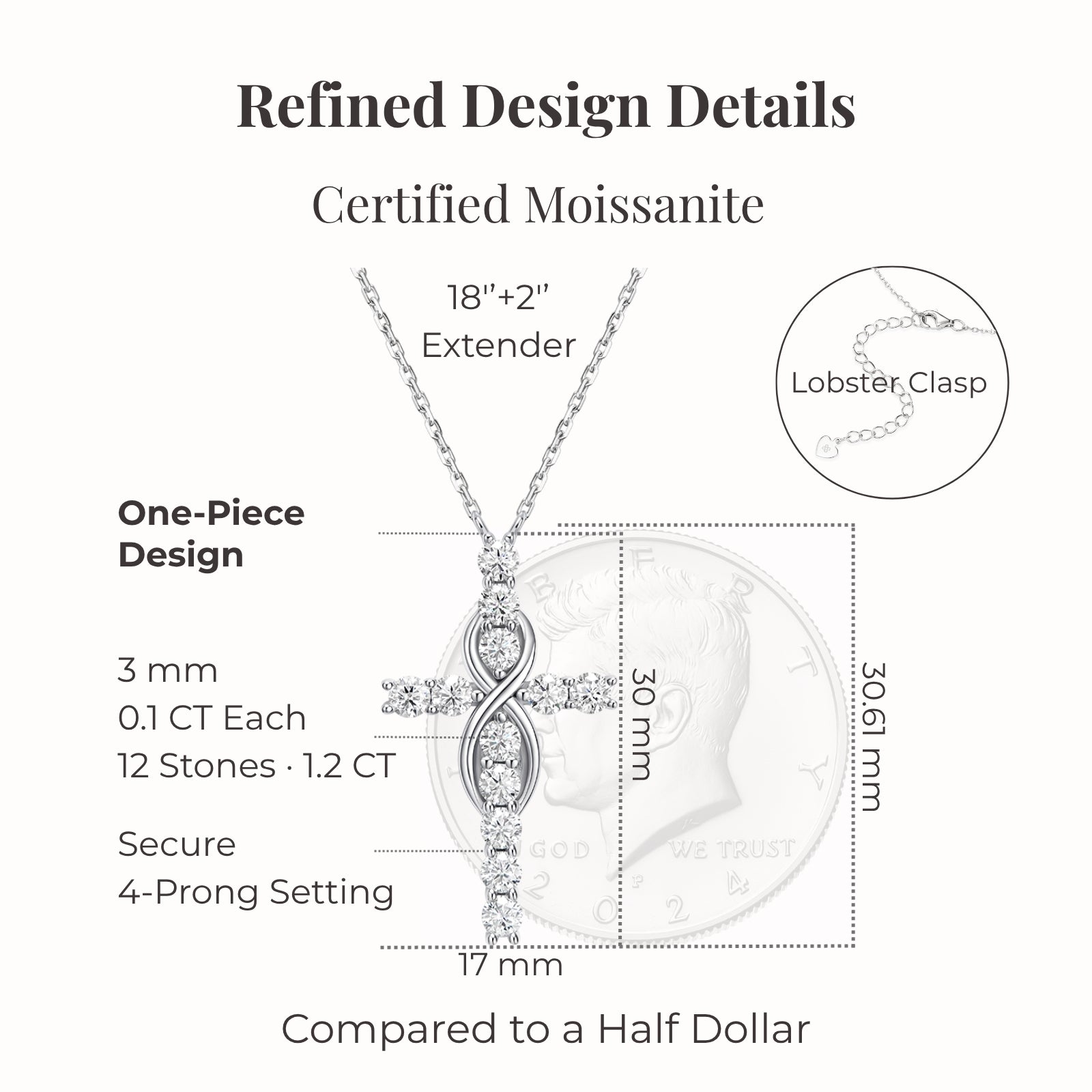 silver moissanite mobius cross necklace structure showing certified stones secure 4 prong setting infinity inspired design and size comparison to half dollar