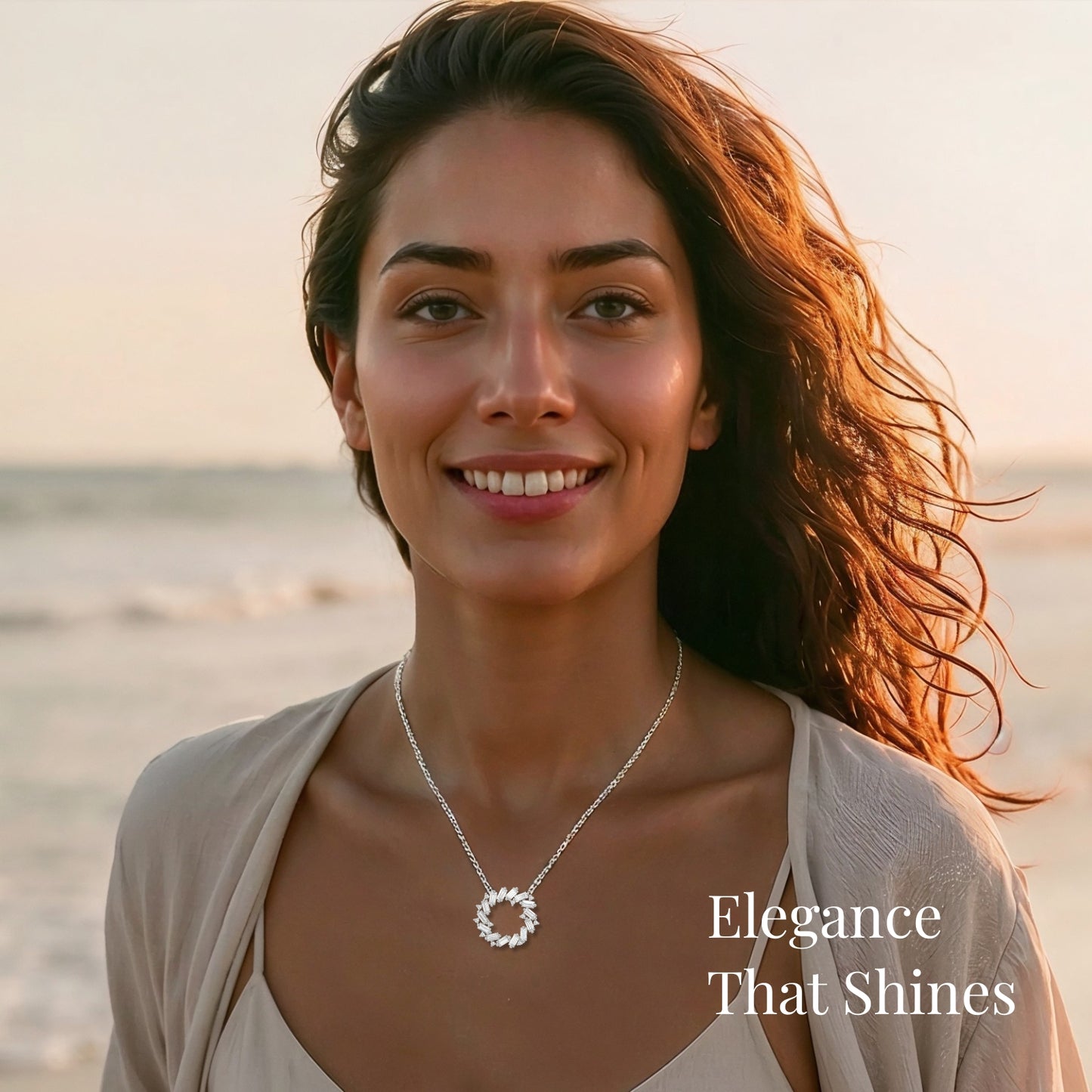 smiling woman at the beach wearing moissanite circle necklace in wind with elegance that shines