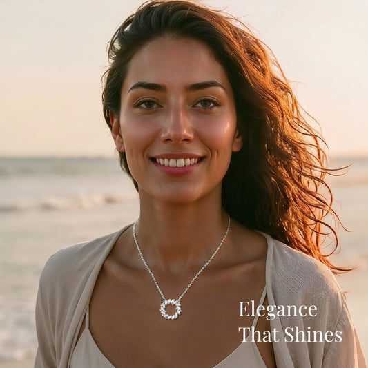 smiling woman at the beach wearing moissanite circle necklace in wind with elegance that shines