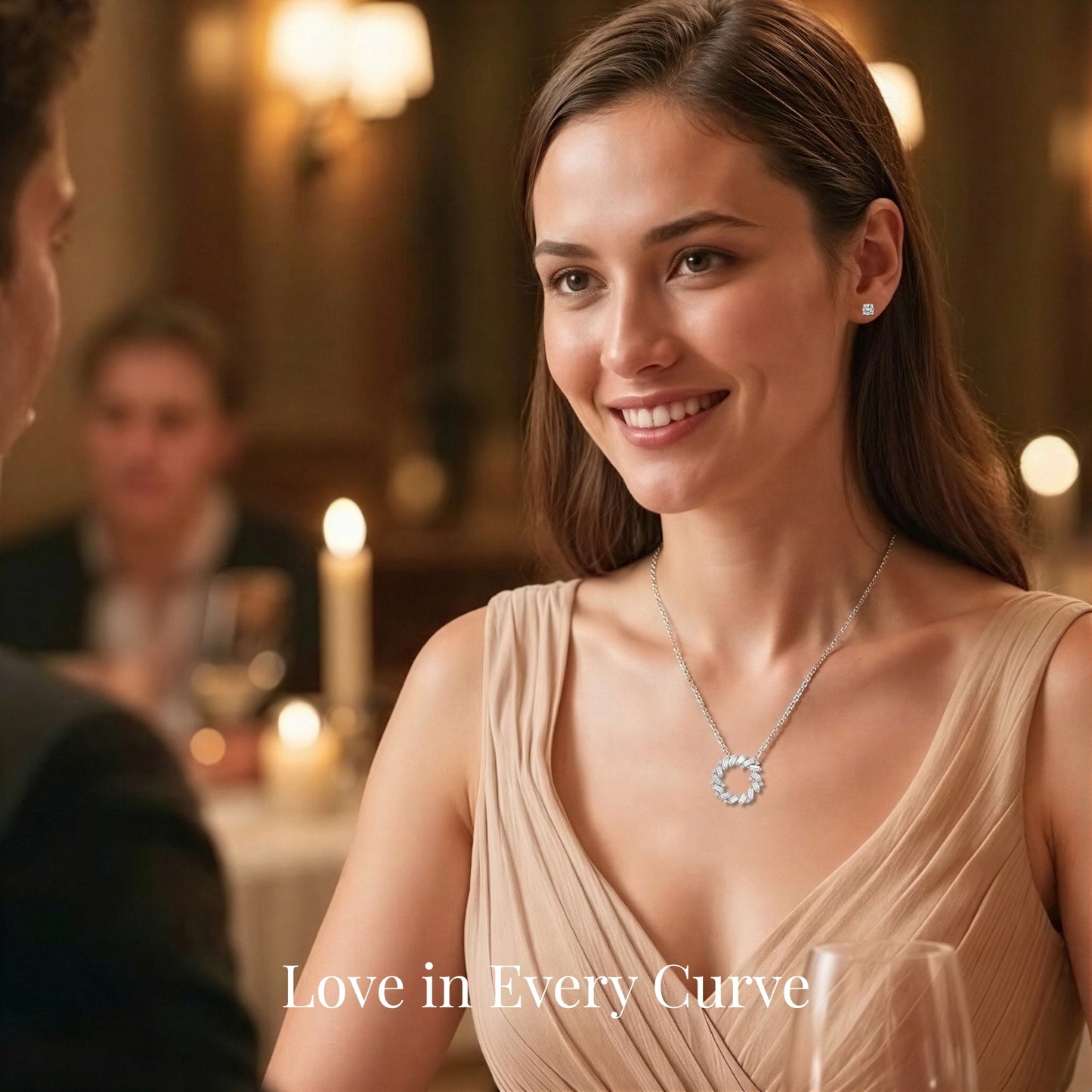 moissanite circle necklace worn on date night romantic lifestyle jewelry for women with elegant love in every curve design