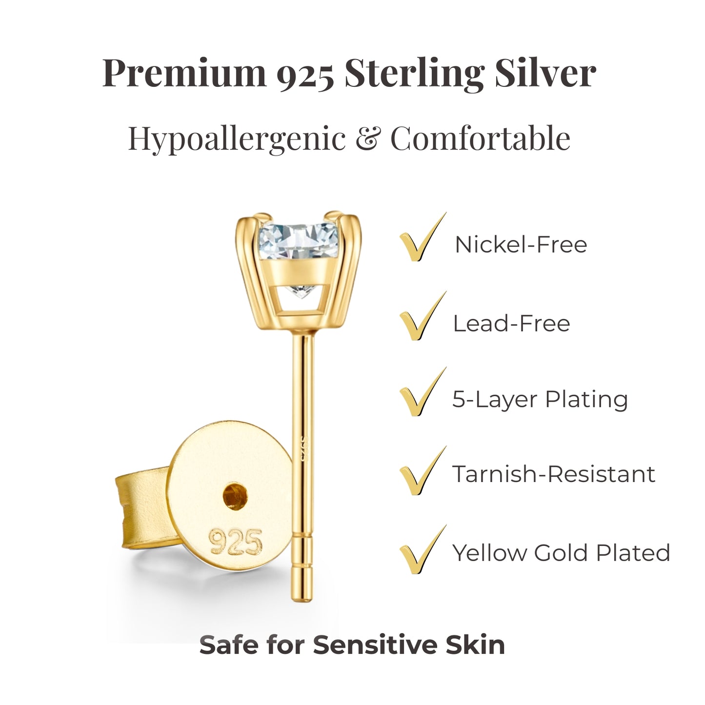 moissanite stud earrings gold sterling silver white gold plated hypoallergenic nickel free lead free tarnish resistant comfortable earrings jewelry