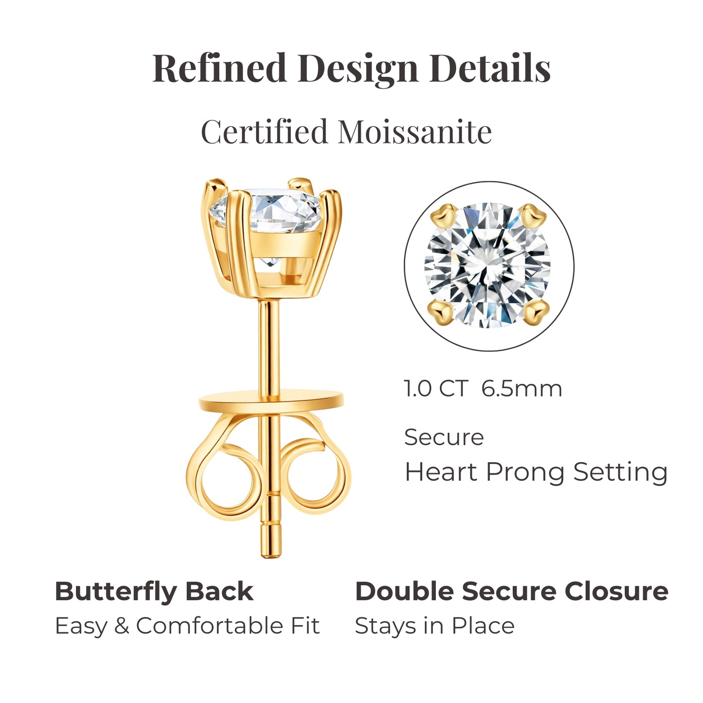 moissanite stud earrings gold structure butterfly back double secure closure heart prong setting elegant secure everyday earrings for women