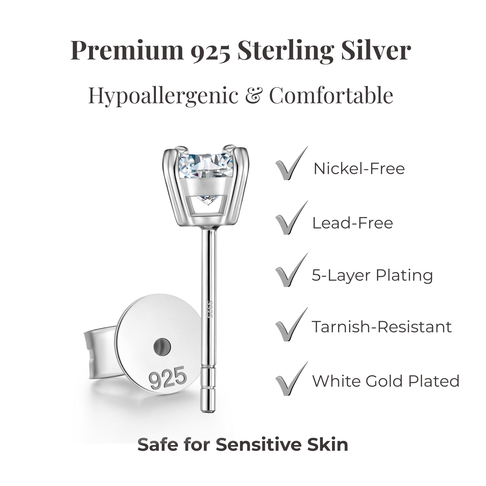 moissanite stud earrings silver 925 sterling silver hypoallergenic nickel free lead free tarnish resistant skin friendly earrings for women