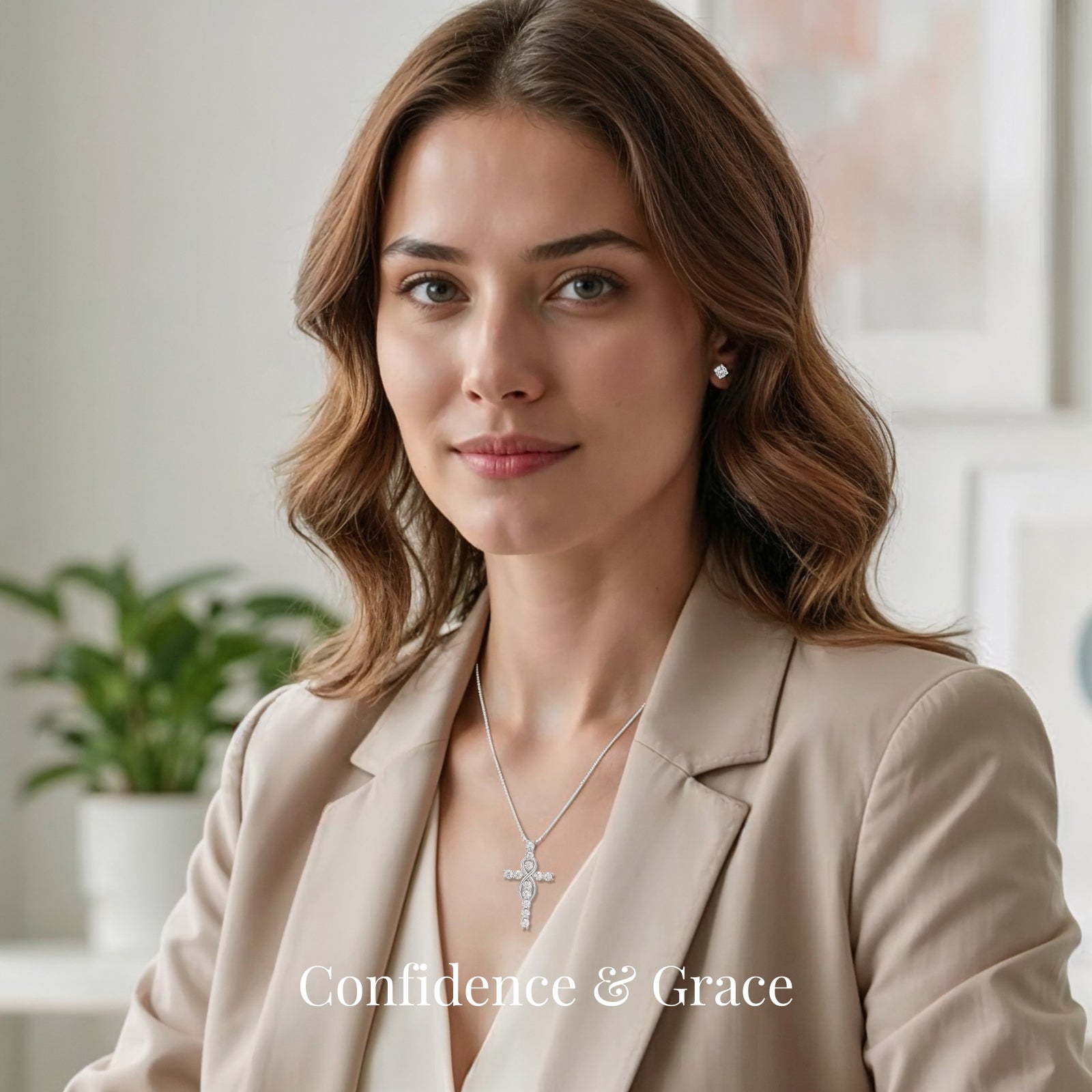 woman at work wearing silver moissanite stud earrings with effortless confidence and everyday elegance