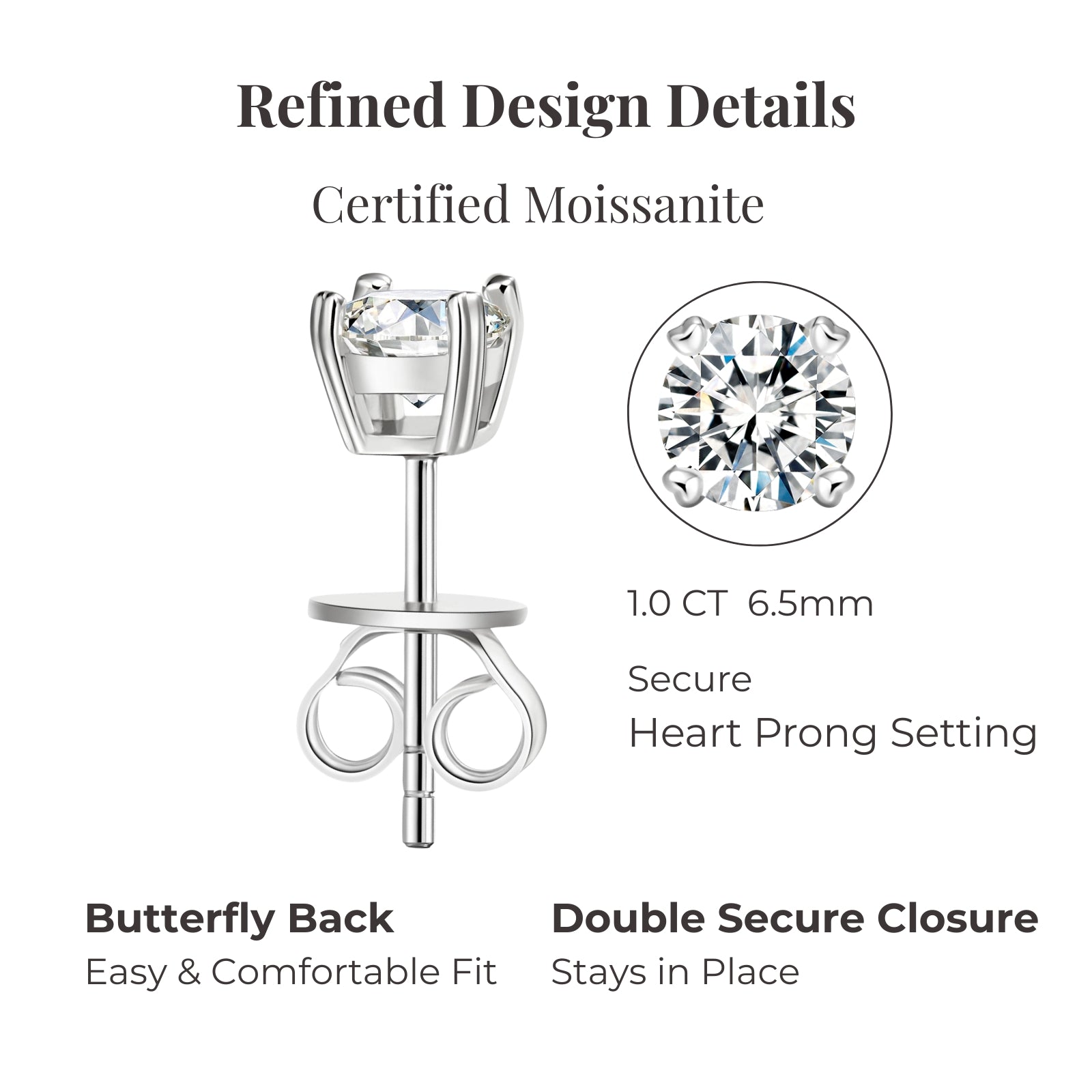 moissanite stud earrings silver structure butterfly back double secure closure heart prong setting comfortable fit secure earrings for women