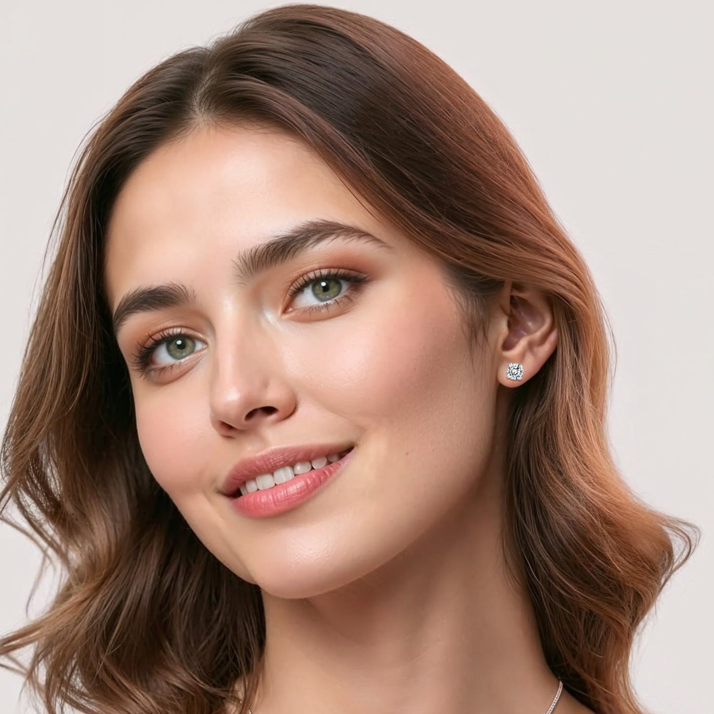 woman wearing moissanite stud earrings sterling silver 1ct each close up face elegant everyday sparkle jewelry for women