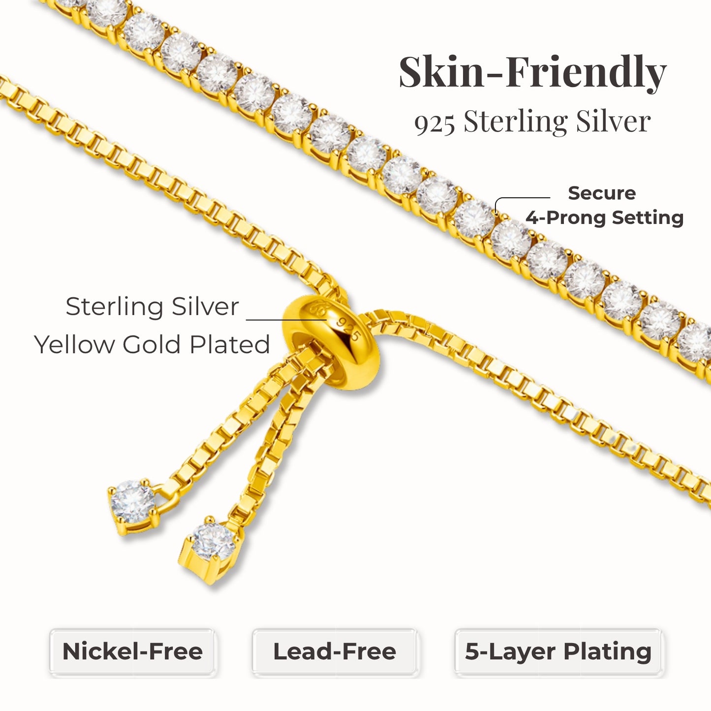 moissanite tennis bracelet gold sterling silver yellow gold plated hypoallergenic nickel free lead free tarnish resistant 5 layer plating elegant bracelet jewelry
