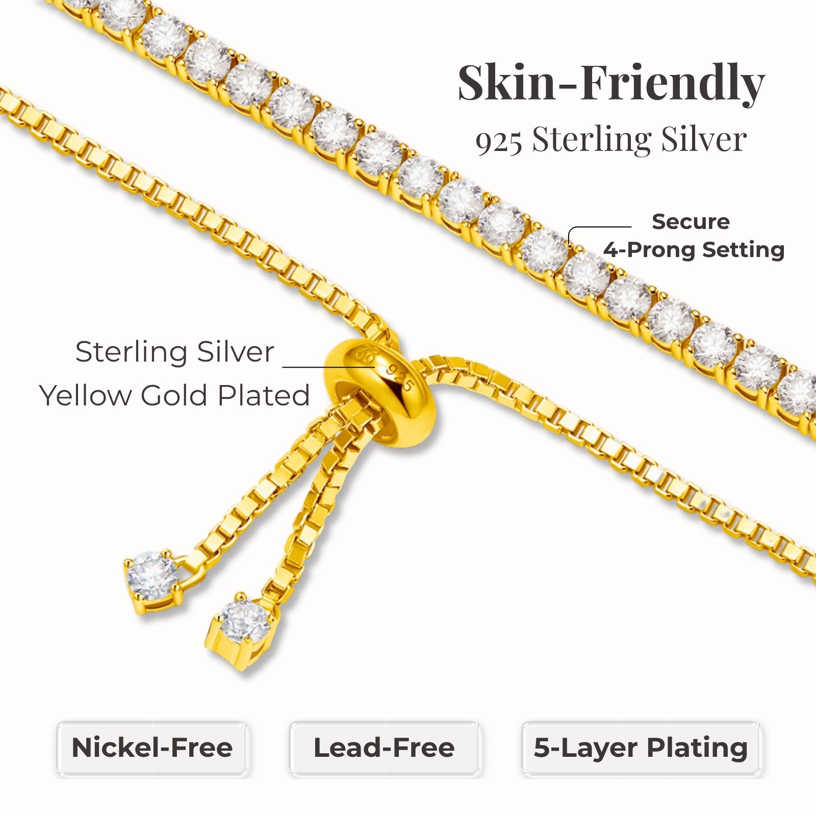 moissanite tennis bracelet gold sterling silver yellow gold plated hypoallergenic nickel free lead free tarnish resistant 5 layer plating elegant bracelet jewelry