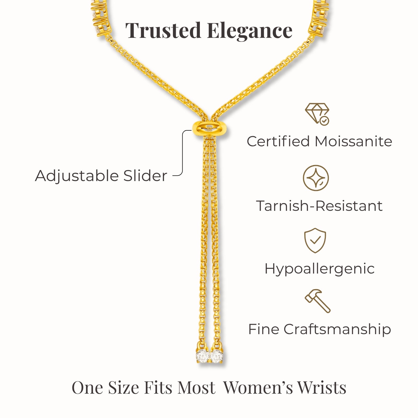 moissanite tennis bracelet gold structure certified moissanite hypoallergenic tarnish resistant adjustable slider elegant bracelet for women fine craftsmanship jewelry