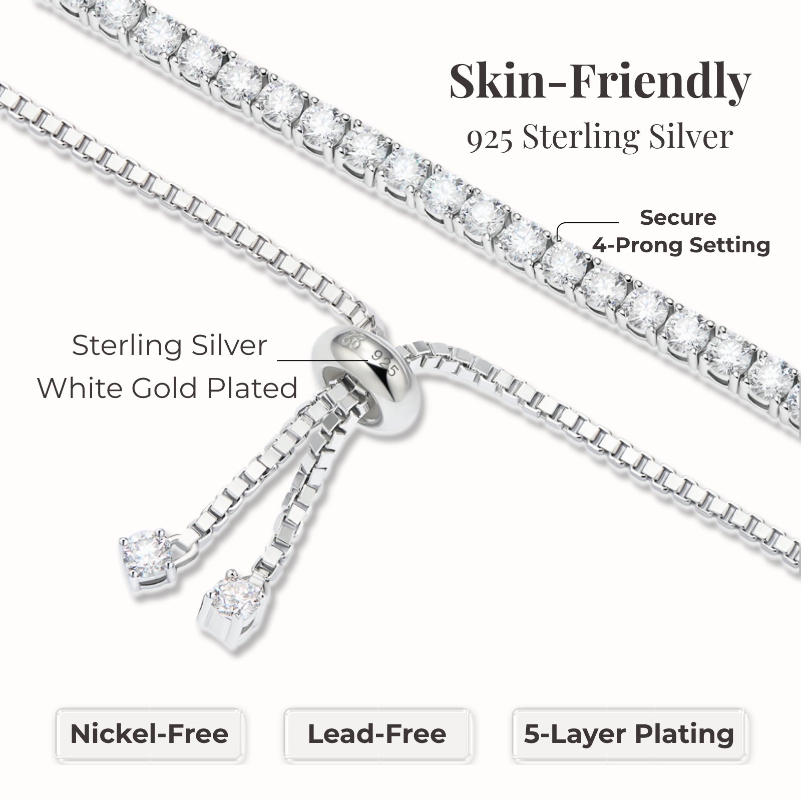 moissanite tennis bracelet silver 925 sterling silver hypoallergenic nickel free lead free tarnish resistant 5 layer plating skin friendly fine jewelry for women