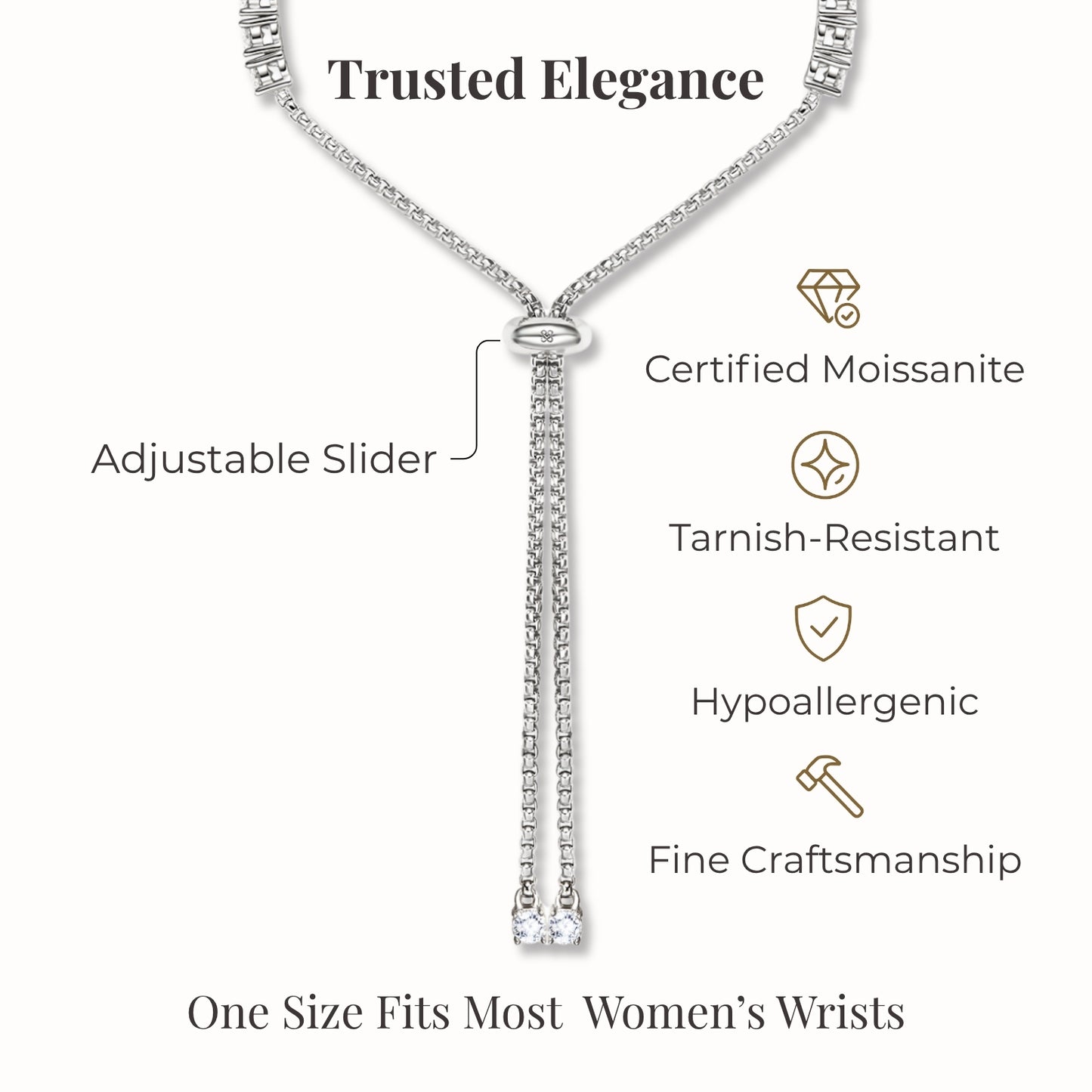 moissanite tennis bracelet silver structure certified moissanite hypoallergenic tarnish resistant adjustable slider one size fits most women elegant fine jewelry
