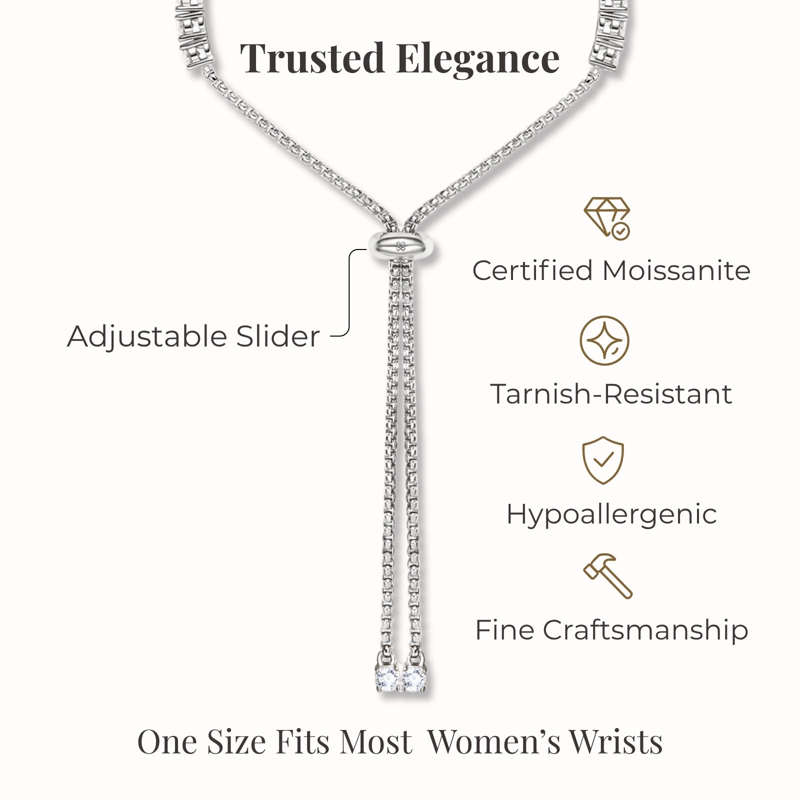 moissanite tennis bracelet silver structure certified moissanite hypoallergenic tarnish resistant adjustable slider one size fits most women elegant fine jewelry