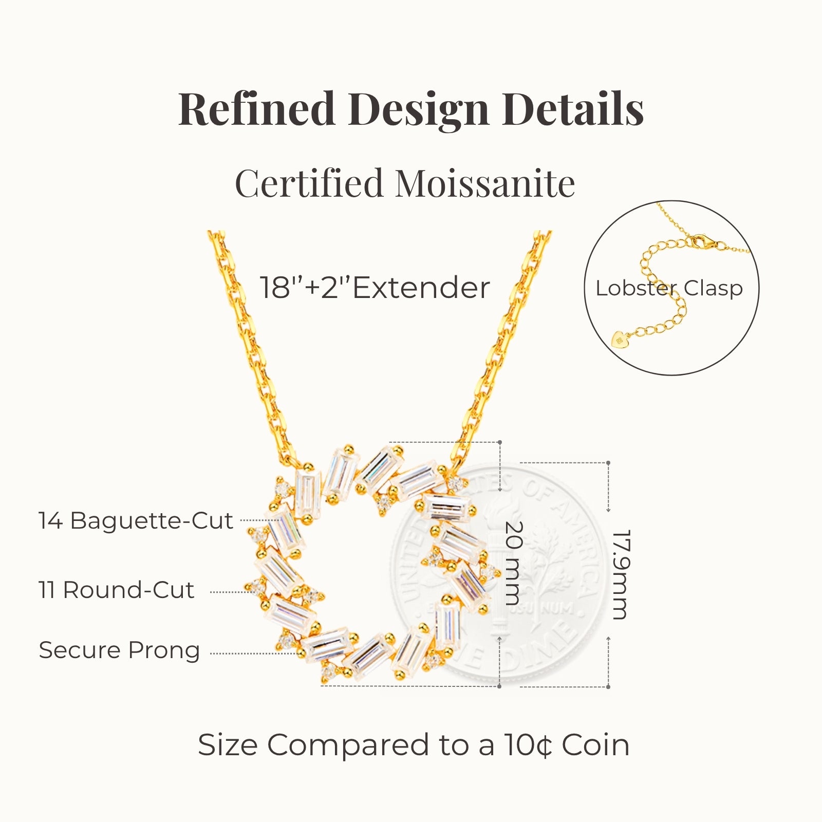 certified moissanite circle necklace detailed design showing 14 baguette cut stones 11 round cut stones secure prong setting and real size comparison with a 10 cent coin