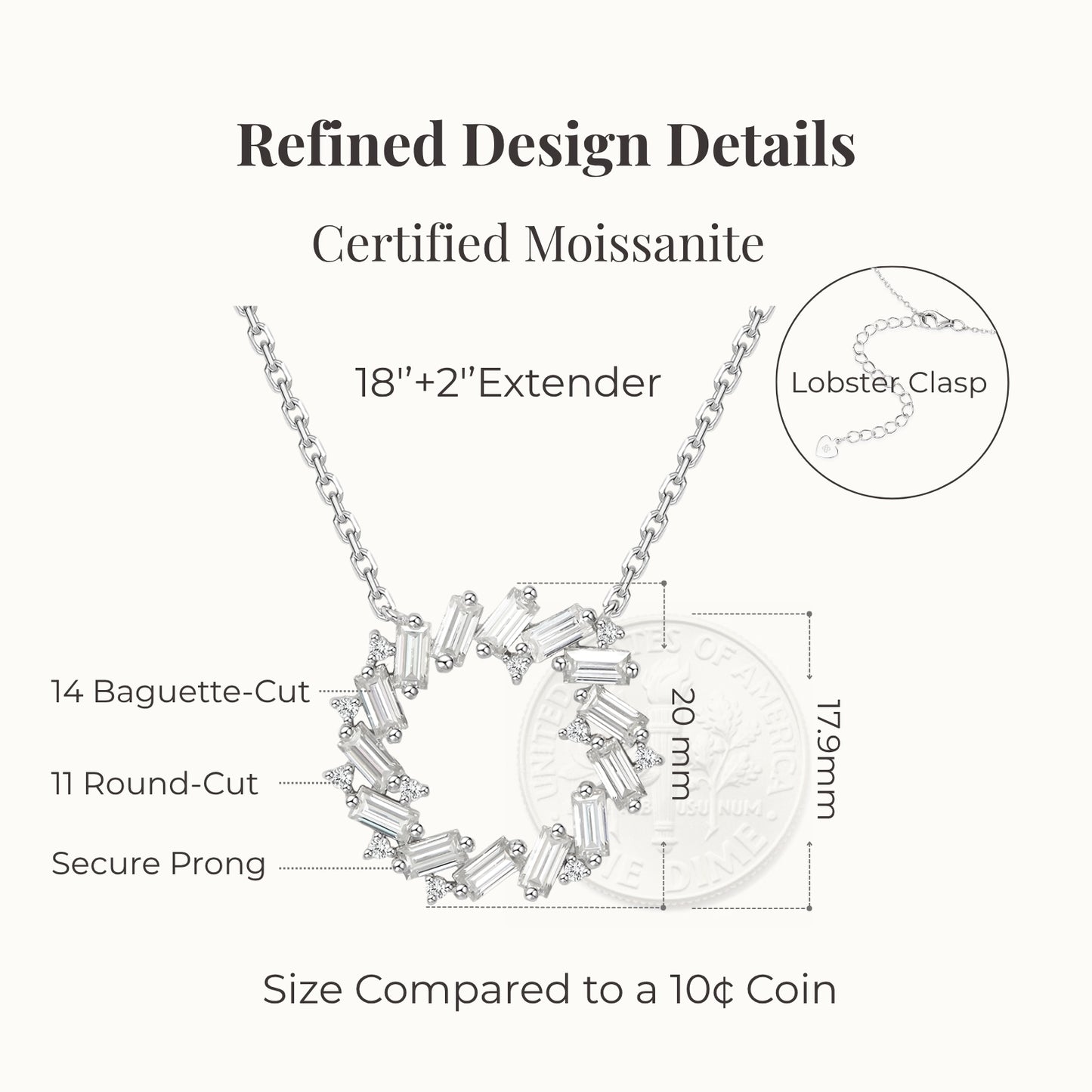 certified moissanite circle necklace detailed design showing 14 baguette cut stones 11 round cut stones secure prong setting and real size comparison with a 10 cent coin