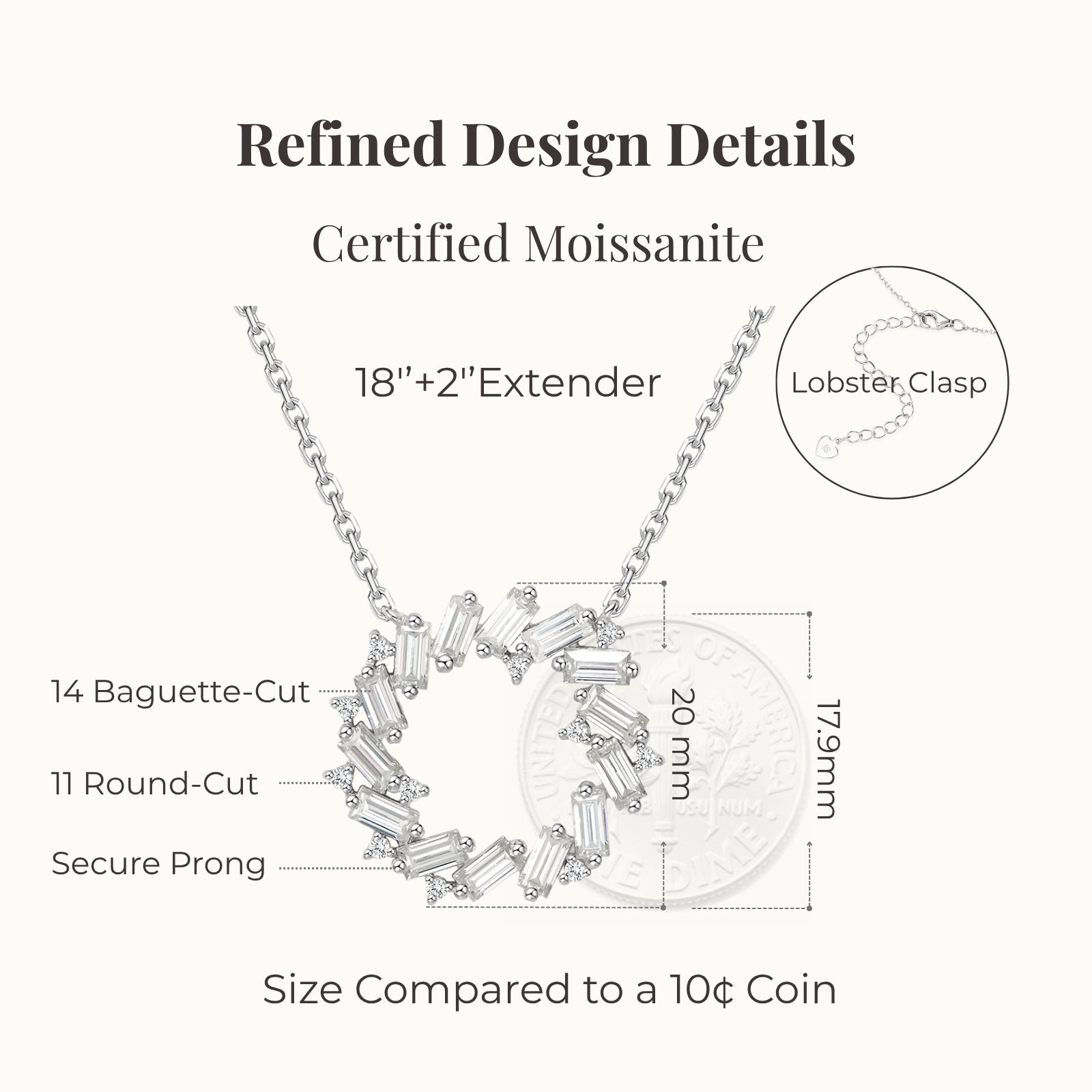 certified moissanite circle necklace detailed design showing 14 baguette cut stones 11 round cut stones secure prong setting and real size comparison with a 10 cent coin