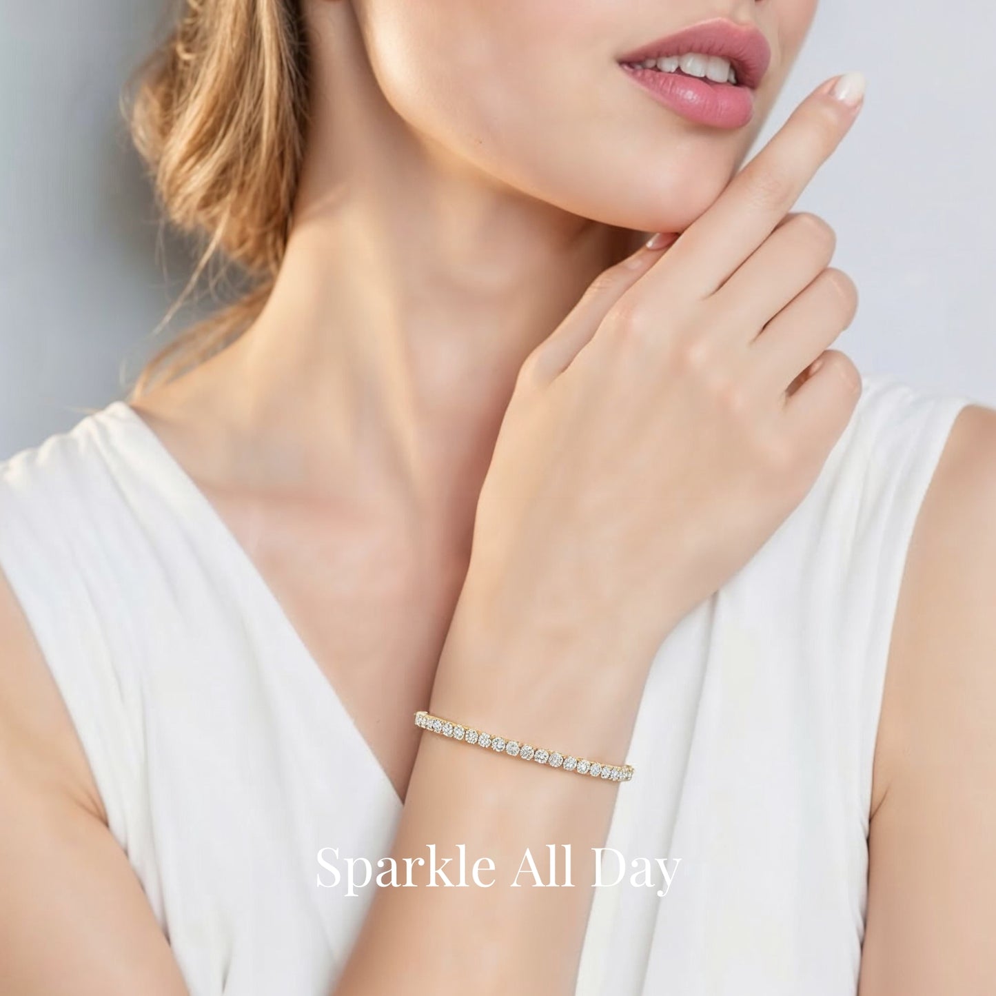 woman wearing moissanite tennis bracelet on wrist sparkle all day