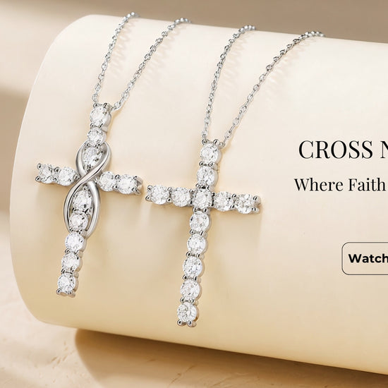 Infinity Möbius cross necklace in sterling silver, modern symbolic jewelry representing eternity and faith with refined shine