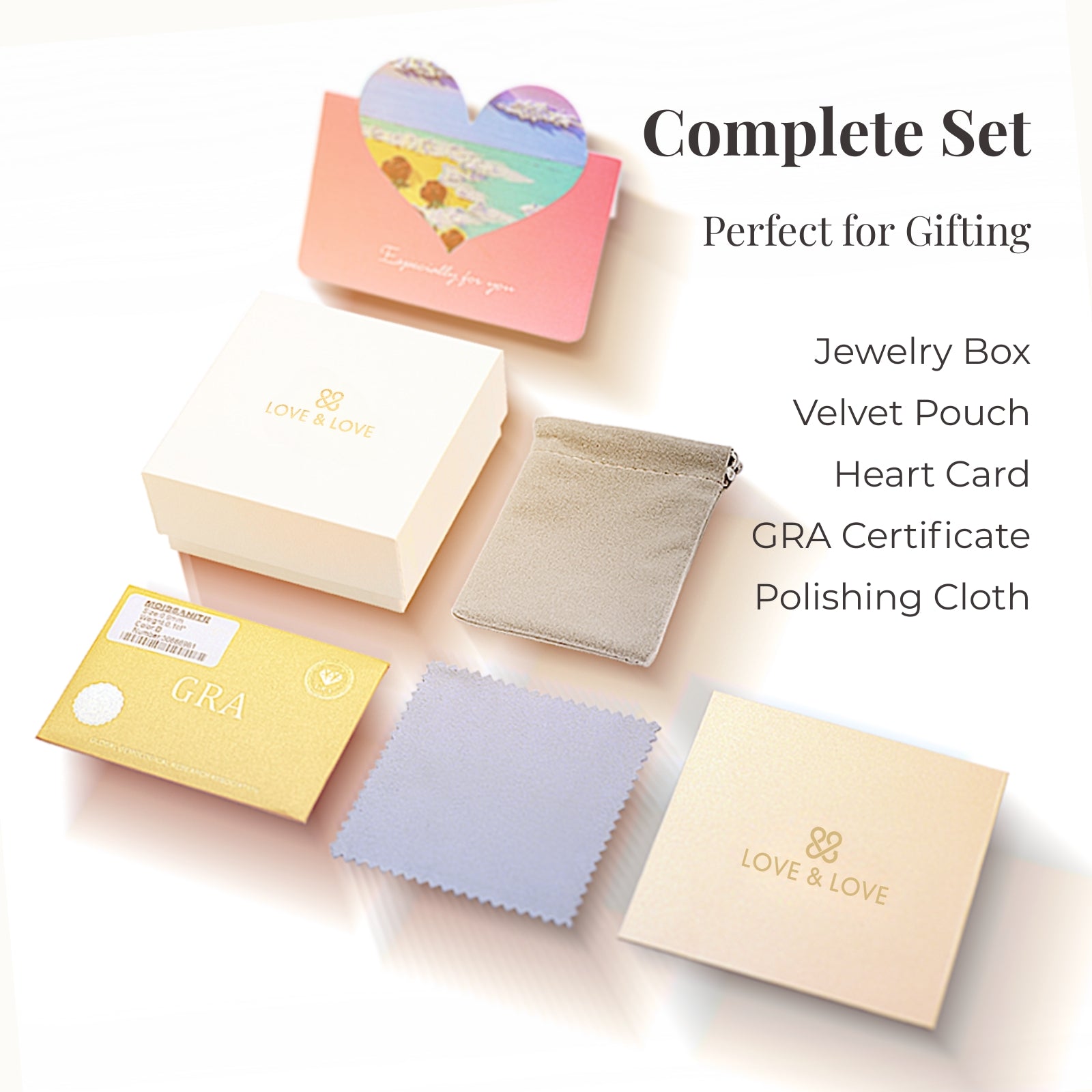 moissanite cross necklace and earrings complete set packaging including gift box GRA certificate velvet pouch and silver polishing cloth