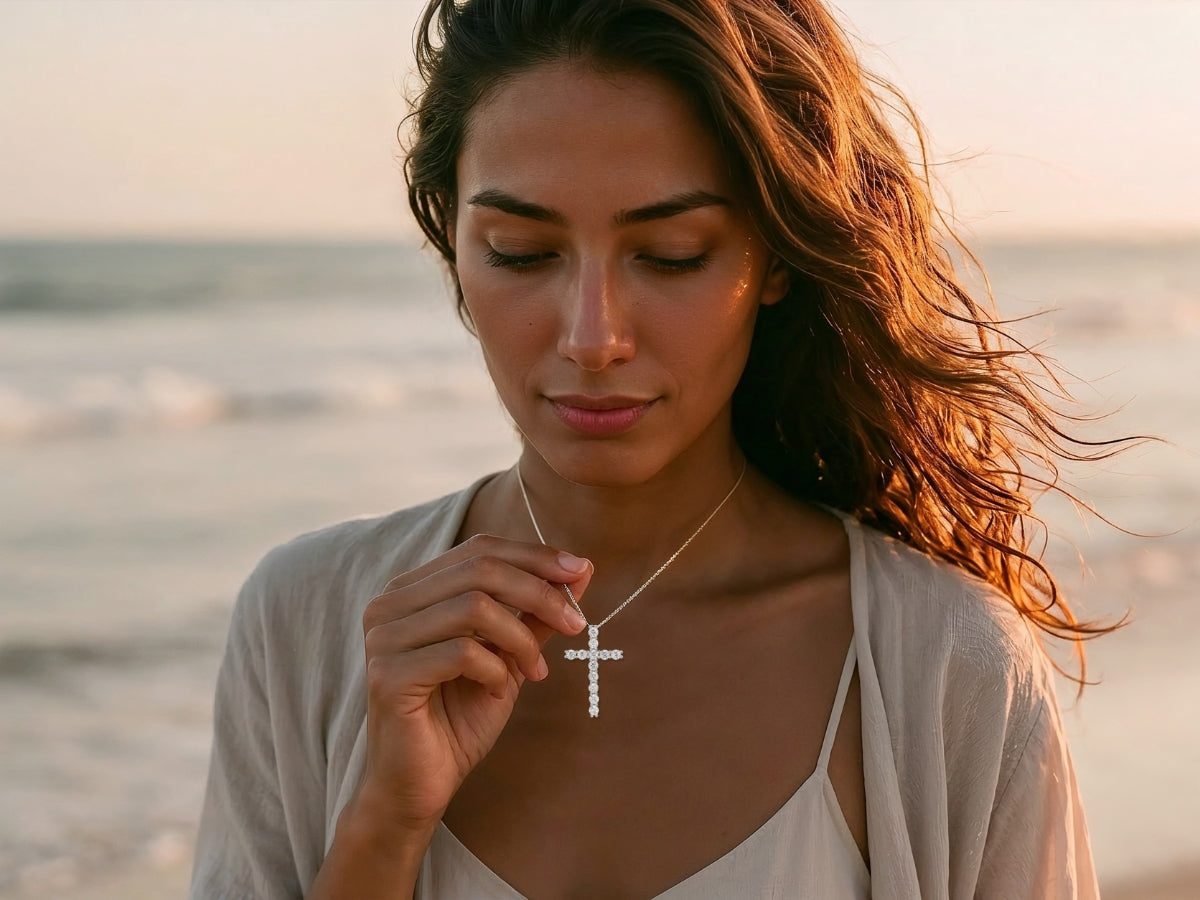 silver cross necklace jewelry for women meaningful symbolic jewelry love faith necklace beach lifestyle portrait